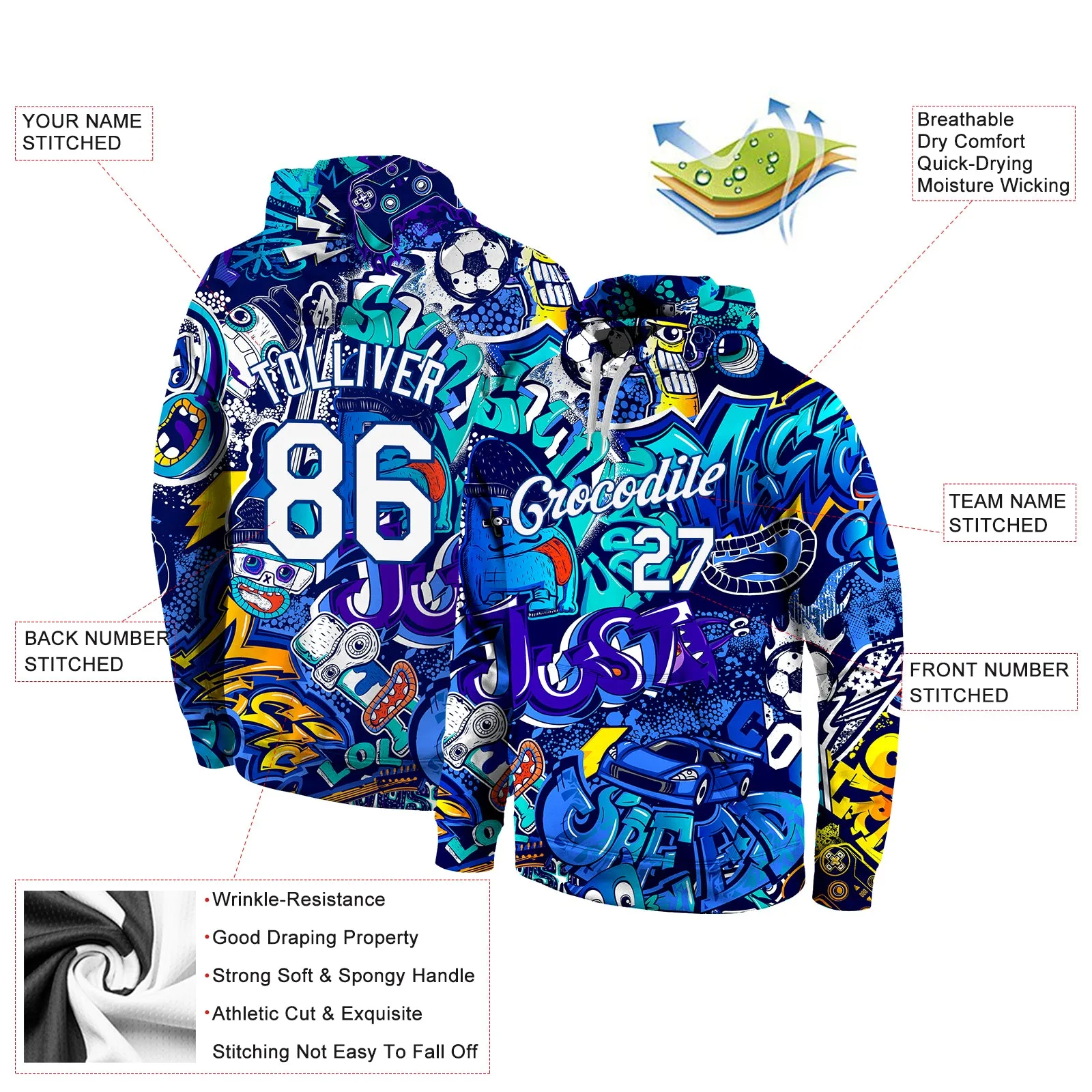 Custom Stitched Graffiti Pattern White-Royal 3D Sports Pullover Sweatshirt Hoodie