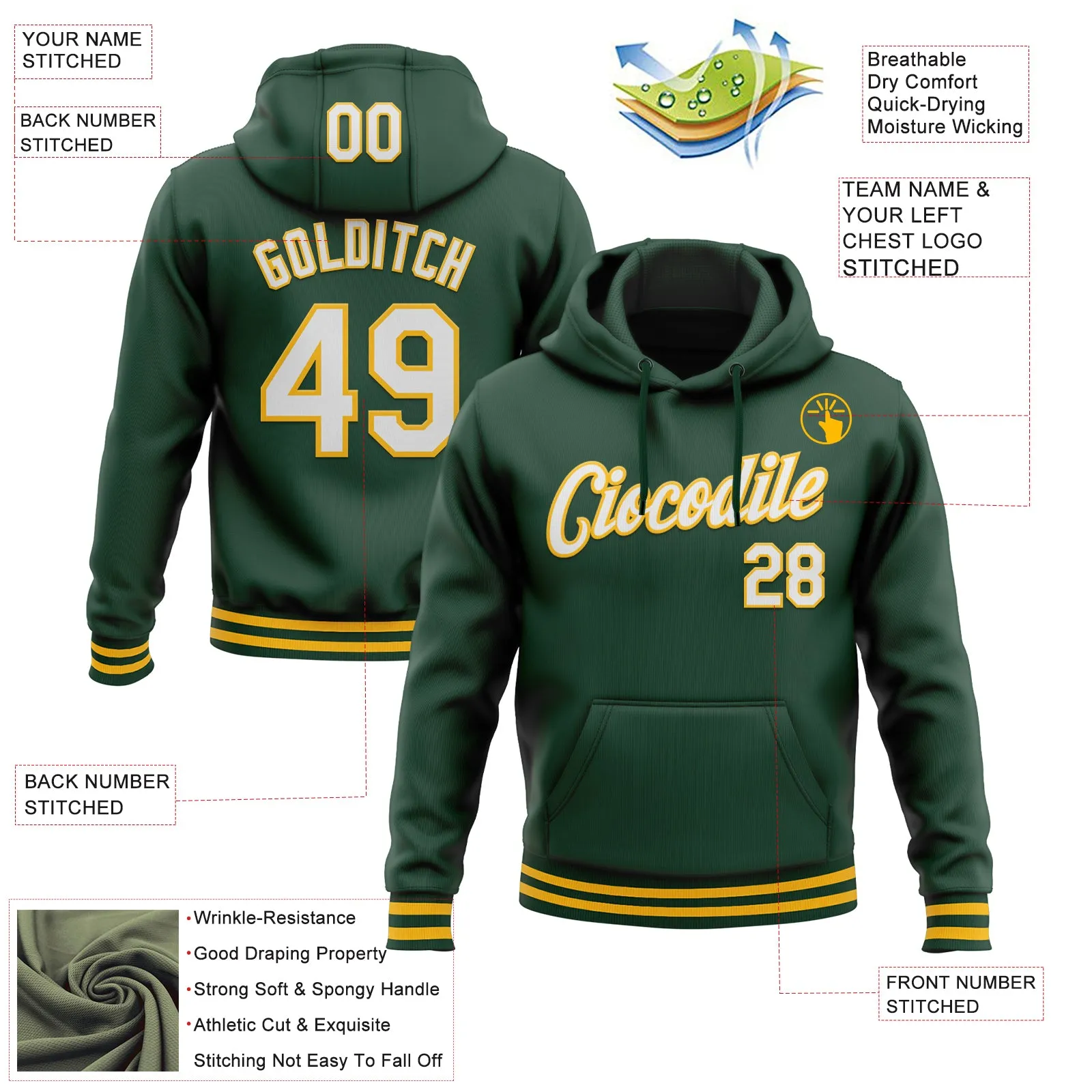 Custom Stitched Green White-Gold Sports Pullover Sweatshirt Hoodie