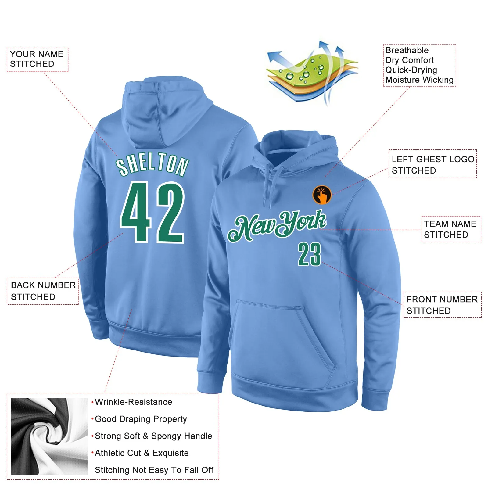 Custom Stitched Light Blue Kelly Green-White Sports Pullover Sweatshirt Hoodie