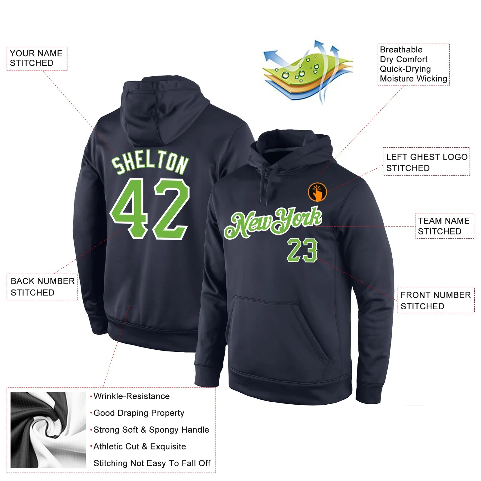 Custom Stitched Navy Neon Green-White Sports Pullover Sweatshirt Hoodie