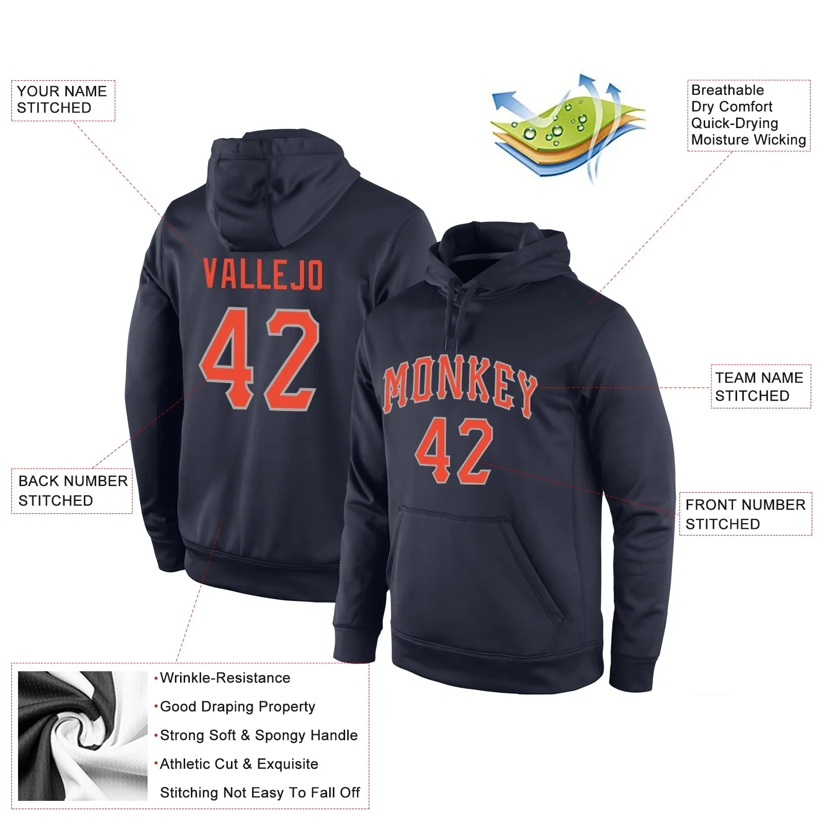 Custom Stitched Navy Orange-Gray Sports Pullover Sweatshirt Hoodie