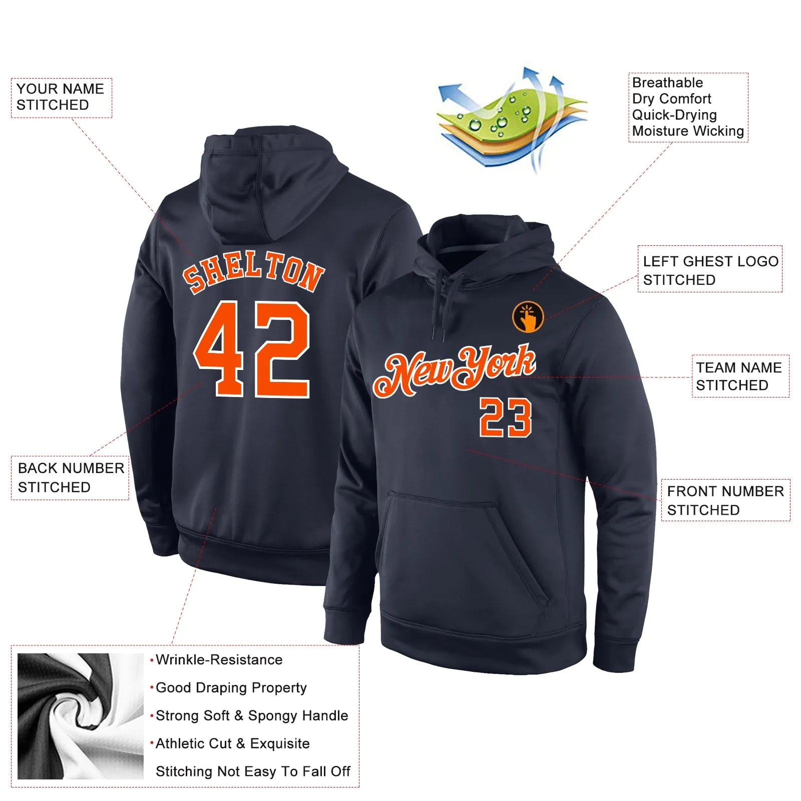 Custom Stitched Navy Orange-White Sports Pullover Sweatshirt Hoodie