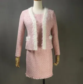 Custom Women's Suit Tweed Pearl Faux Fur Trim Jacket   Dress  Pink Suit