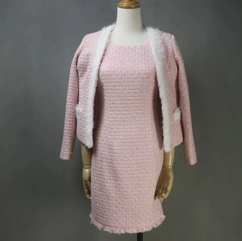 Custom Women's Suit Tweed Pearl Faux Fur Trim Jacket   Dress  Pink Suit