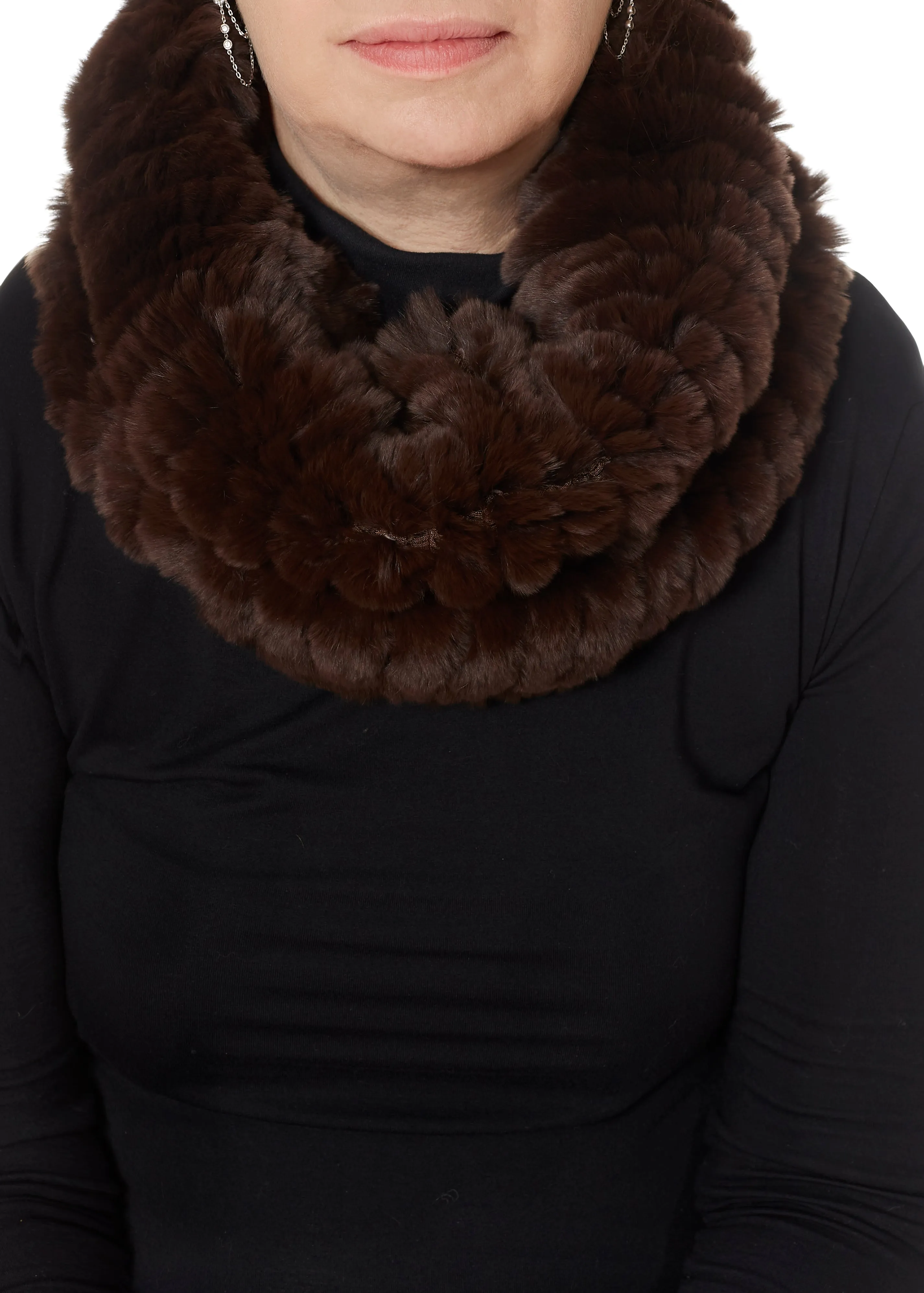 Dark Brown Knitted Real Rex Rabbit Fur Single Snood Scarf