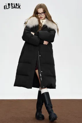 ELFSACK 2024 Winter New Arrivals Black mid-length down jacket for women Fake fur collar waist elegant coat