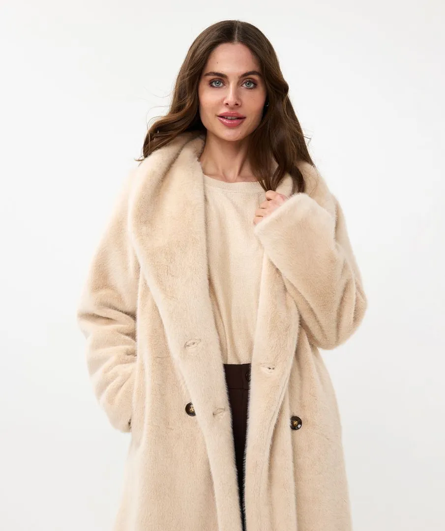 Esqualo Sand Shawl Collar Faux Fur Coat