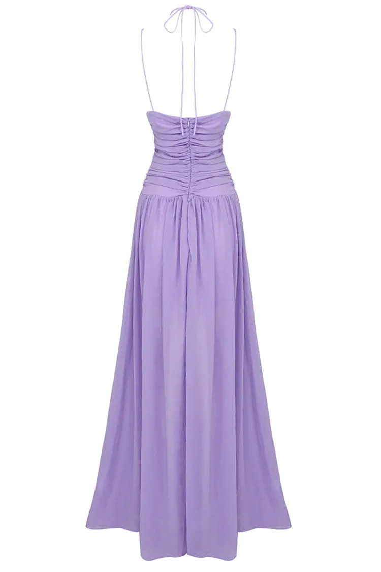 Flowy Deep V Cutout Ruched Sleeveless Chiffon Evening Maxi Dress - Purple