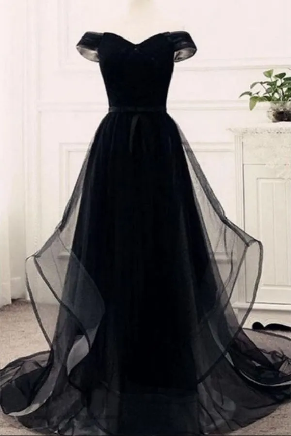 Flowy Tulle Off Shoulders Tulle Black Prom Dress,21121008