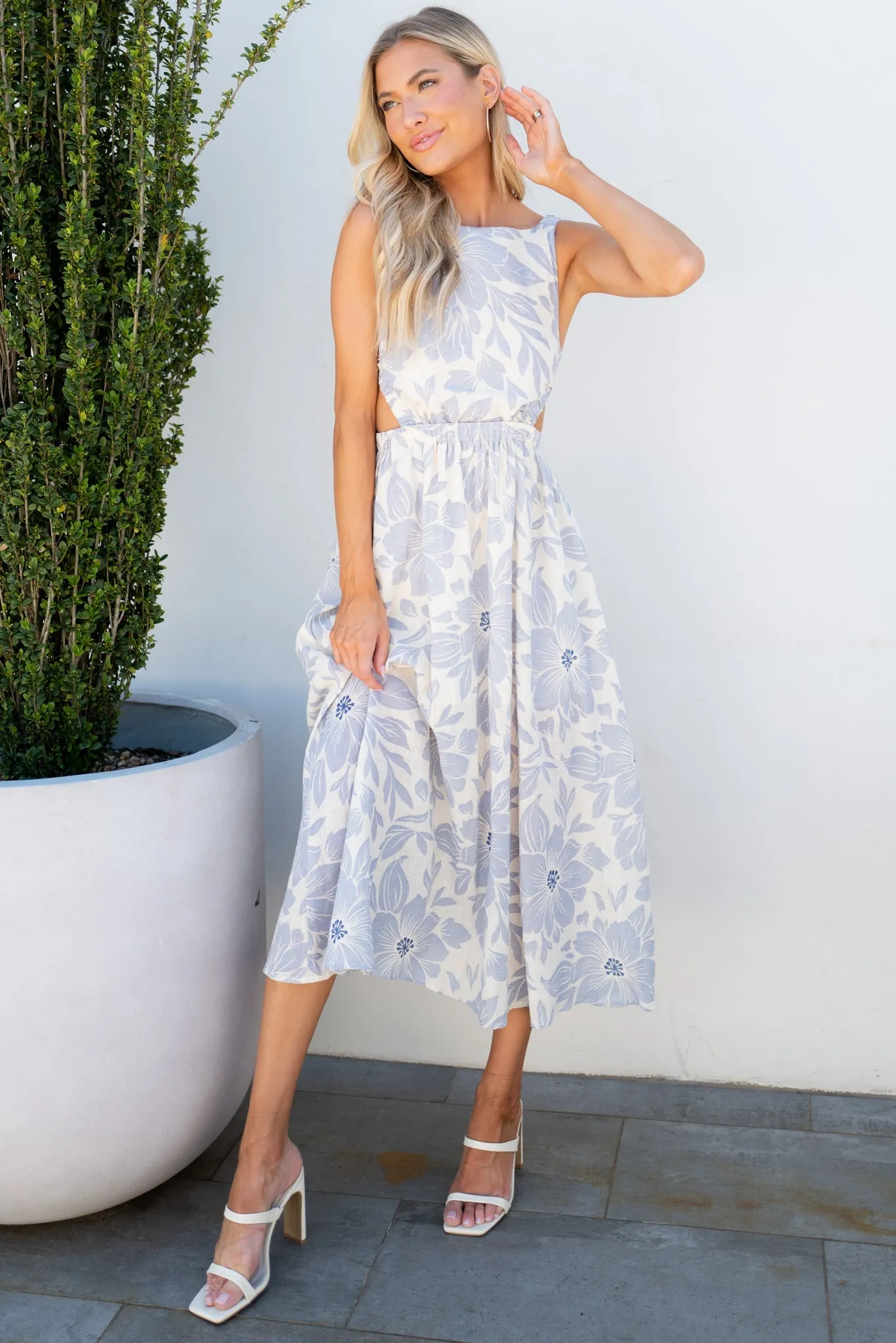 Forever Kind Dusty Blue Floral Print Midi Dress