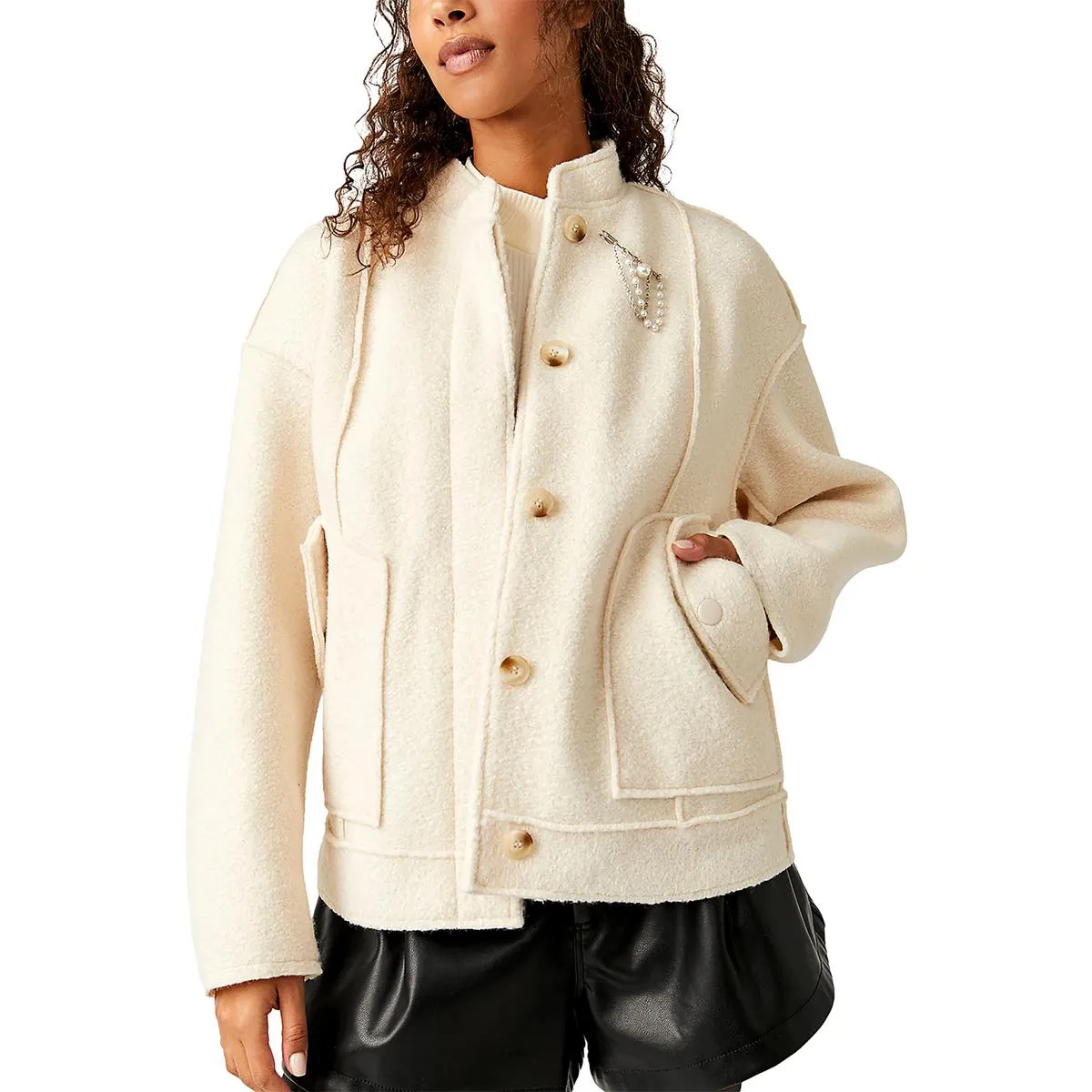 Free People Womens Willow Faux Shearling Heavy Bomber Jacket