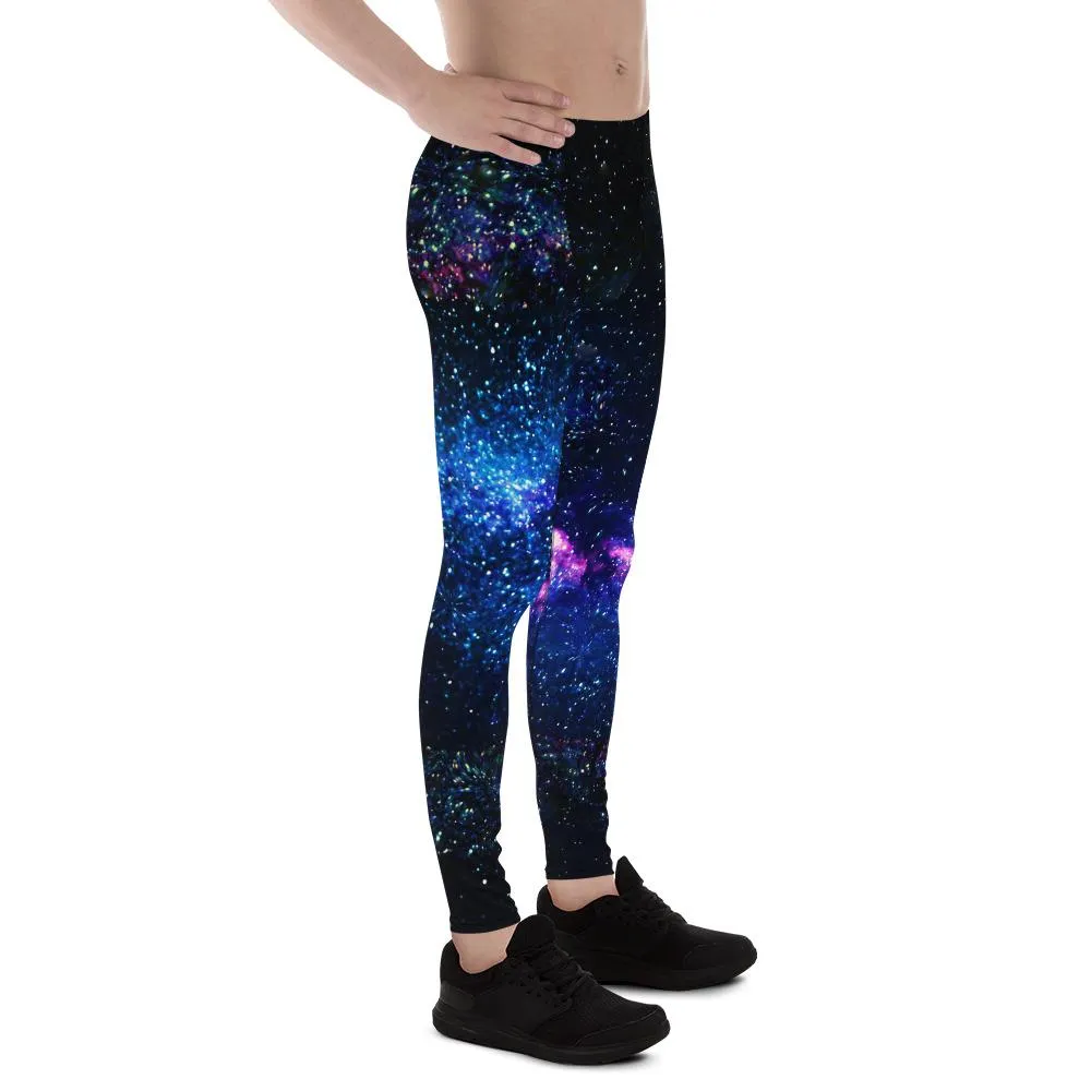 Galaxy Space Running Men's Tights, Purple Galaxy Space Universe Print Premium Men's Leggings Meggings Long Pants