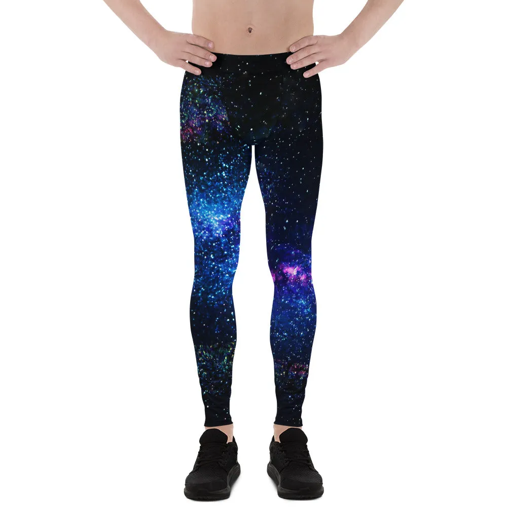 Galaxy Space Running Men's Tights, Purple Galaxy Space Universe Print Premium Men's Leggings Meggings Long Pants