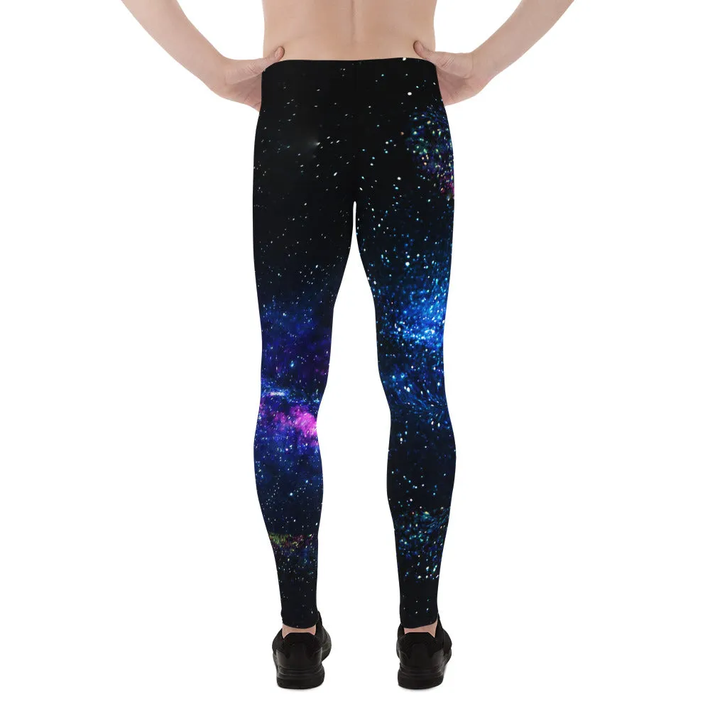 Galaxy Space Running Men's Tights, Purple Galaxy Space Universe Print Premium Men's Leggings Meggings Long Pants