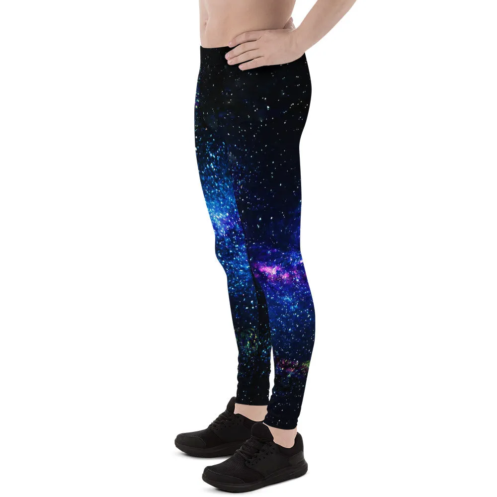 Galaxy Space Running Men's Tights, Purple Galaxy Space Universe Print Premium Men's Leggings Meggings Long Pants