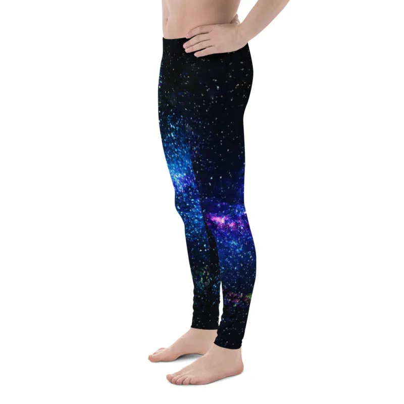 Galaxy Space Running Men's Tights, Purple Galaxy Space Universe Print Premium Men's Leggings Meggings Long Pants