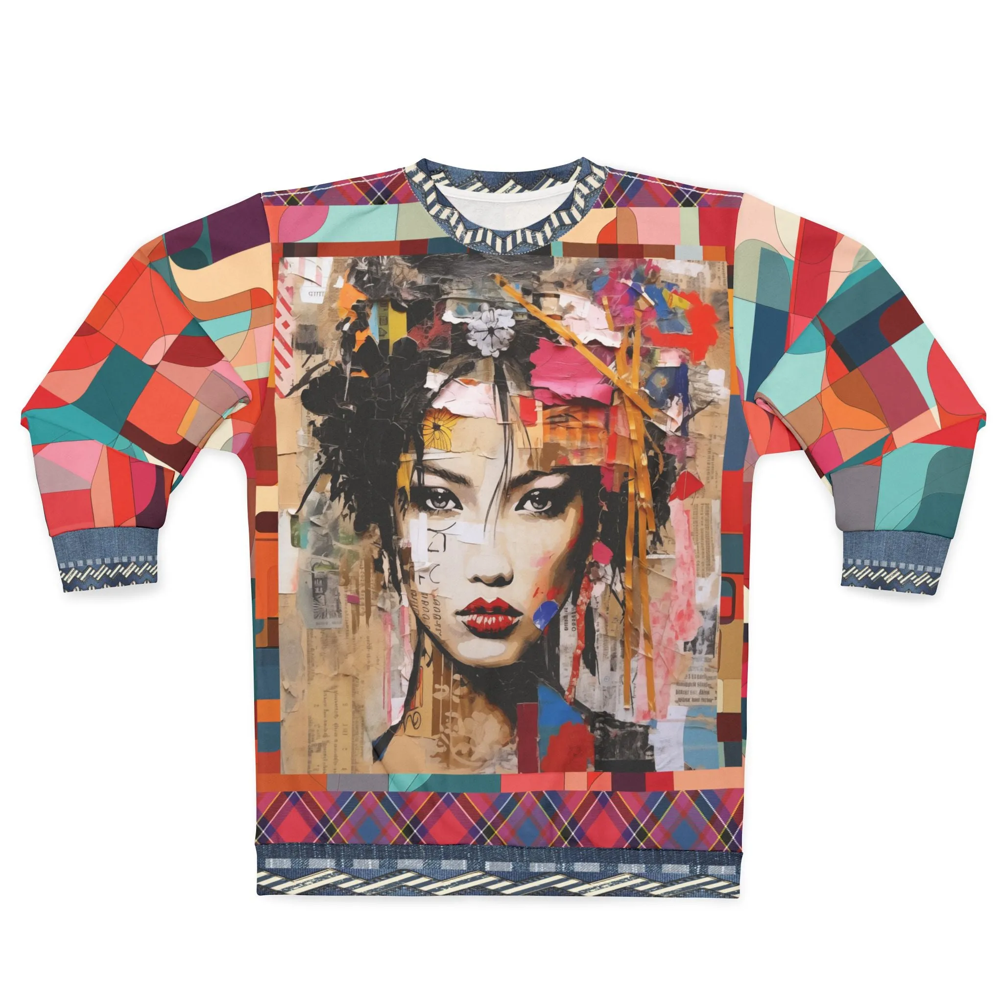 Girl in Exotic Collage Patchwork Mid-Weight Polyester Unisex Sweatshirt (Gold Label)