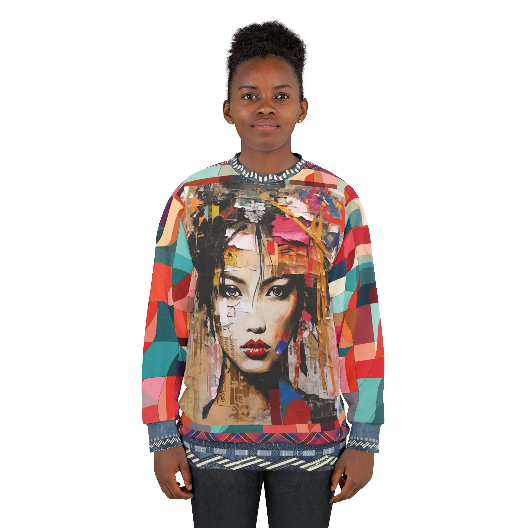 Girl in Exotic Collage Patchwork Mid-Weight Polyester Unisex Sweatshirt (Gold Label)