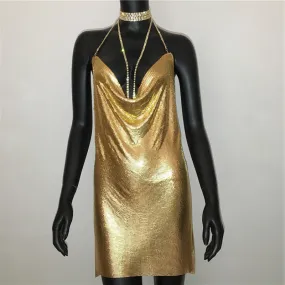 Gold Sequined Patchwork Mini Dress Women Sleeveless Low Cut Metal Chains Halter Slim Charming Nightclub Party Dresses