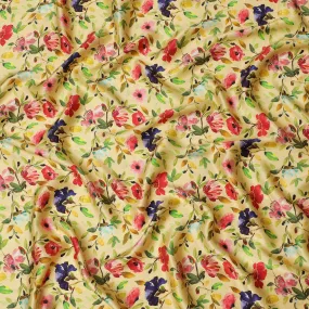 Golden Yellow Floral Silk Satin Fabric with Mirror Work - 110 cm Width-D20282