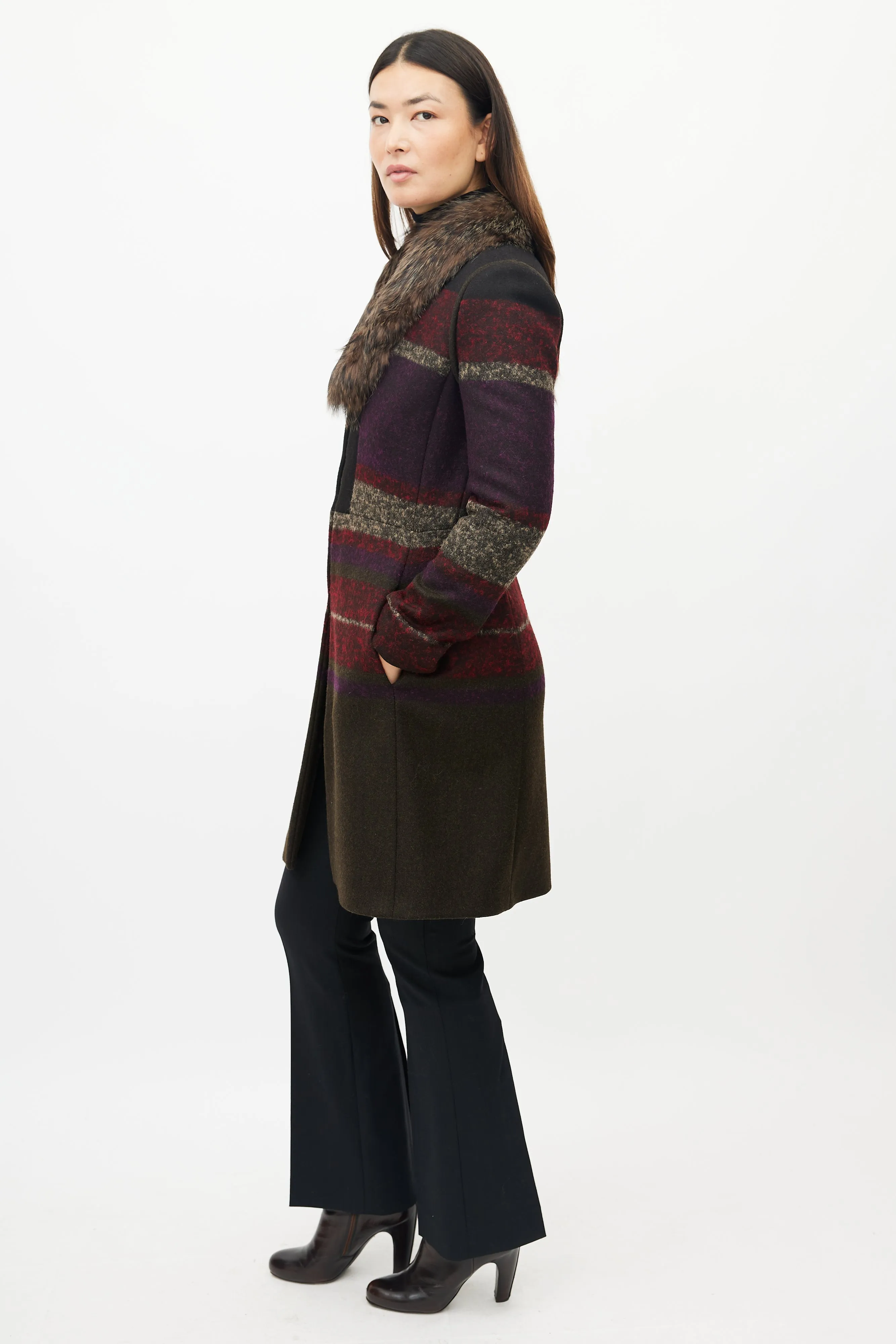 Green & Multicolour Wool Striped Coat