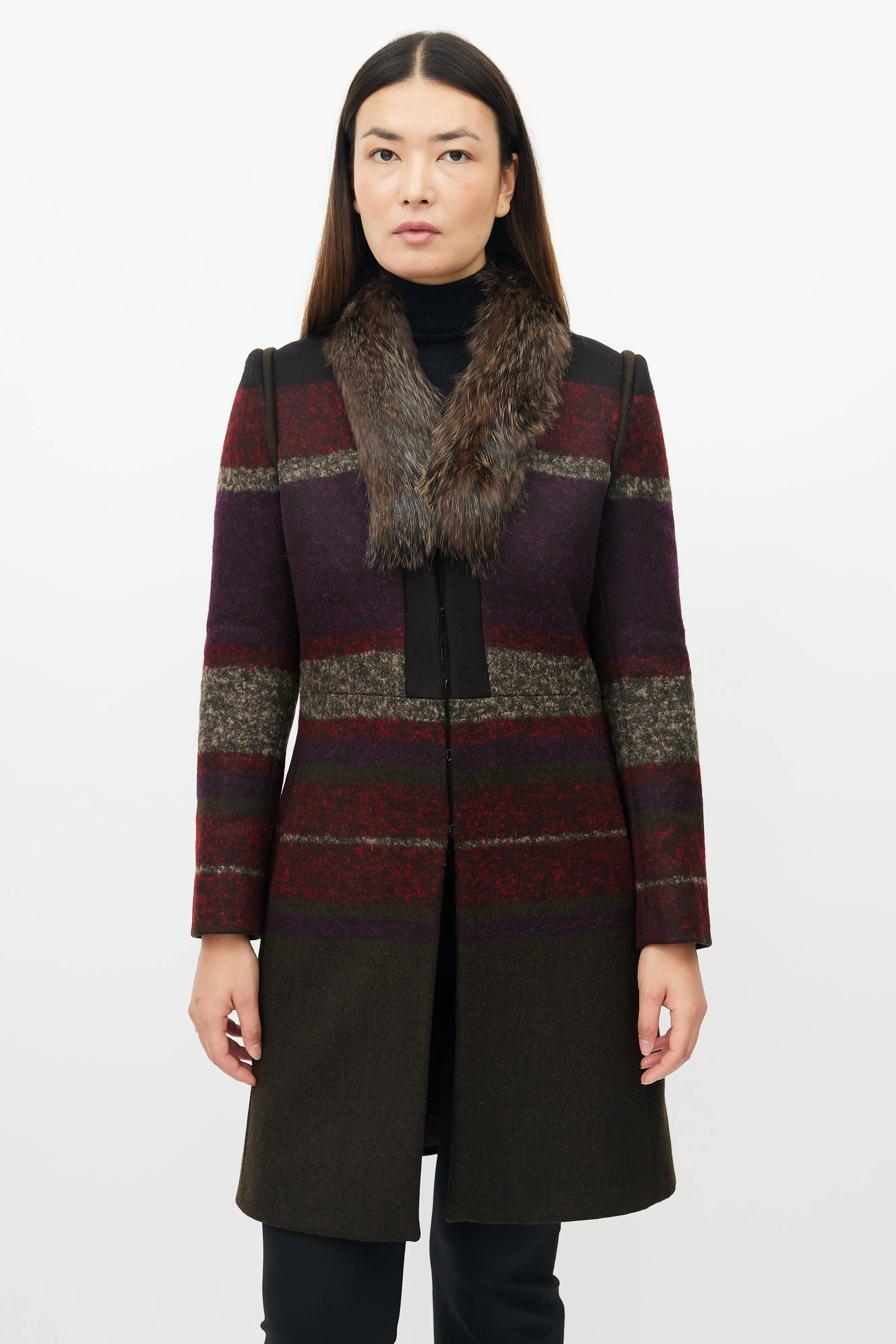 Green & Multicolour Wool Striped Coat