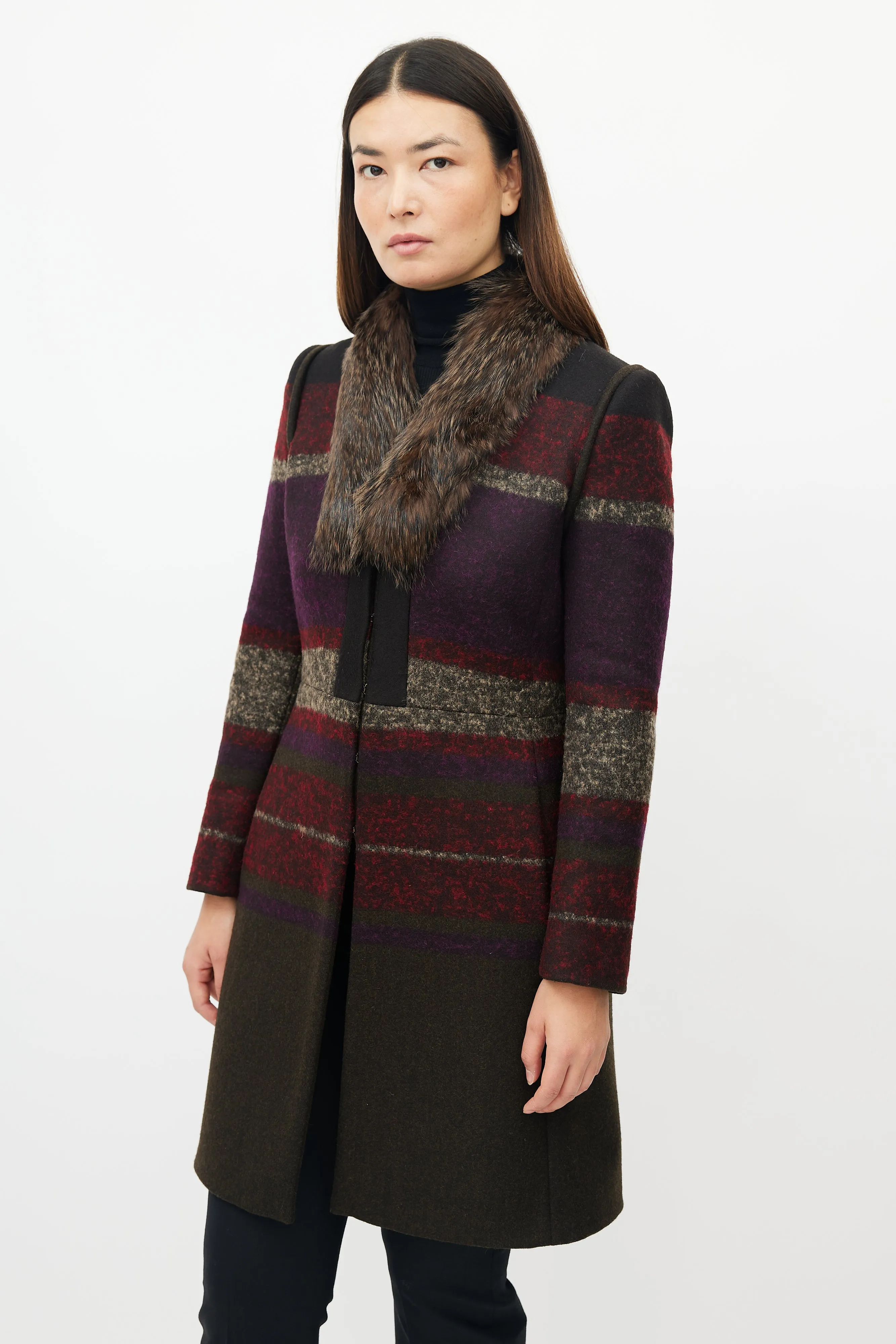 Green & Multicolour Wool Striped Coat