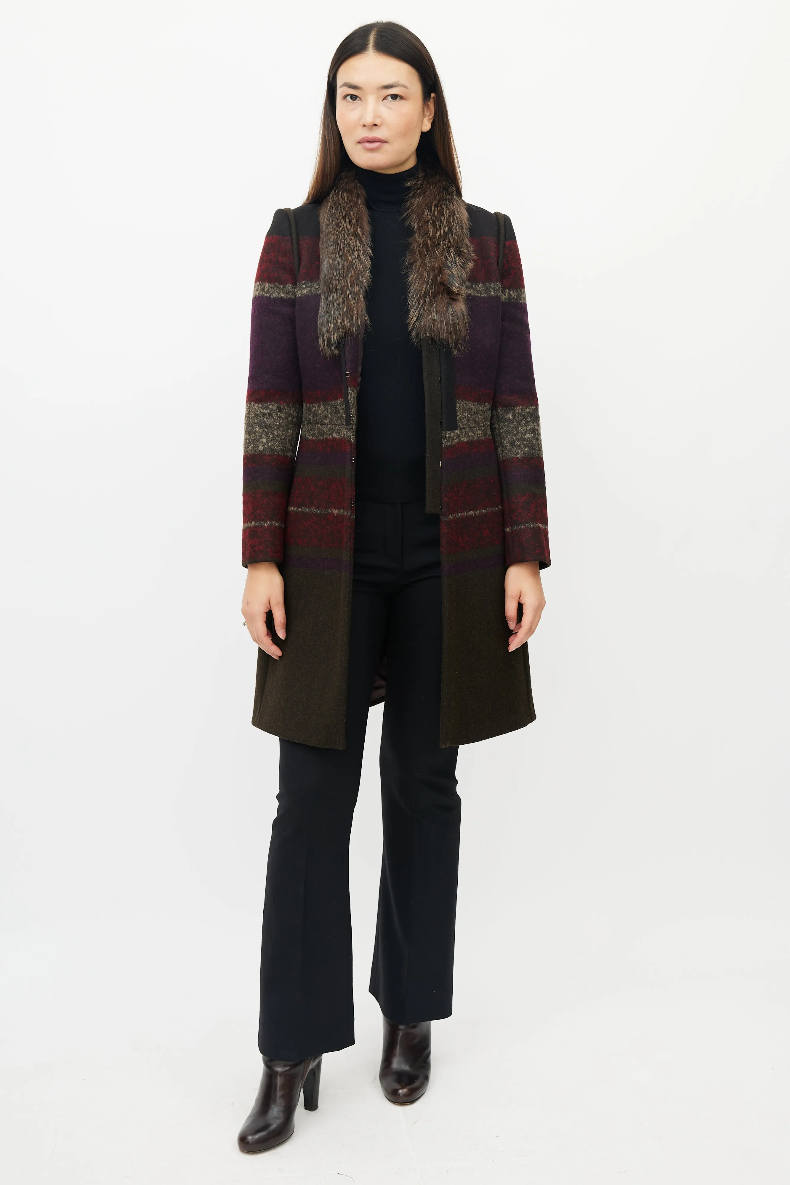 Green & Multicolour Wool Striped Coat