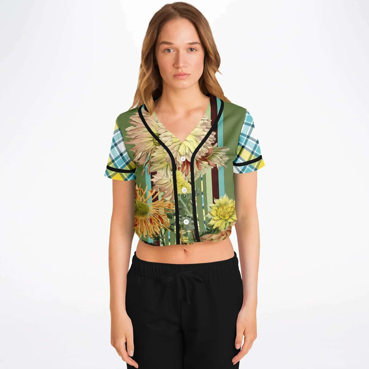 Green Caravan Striped Floral Plaid Eco-Poly Cropped Jersey