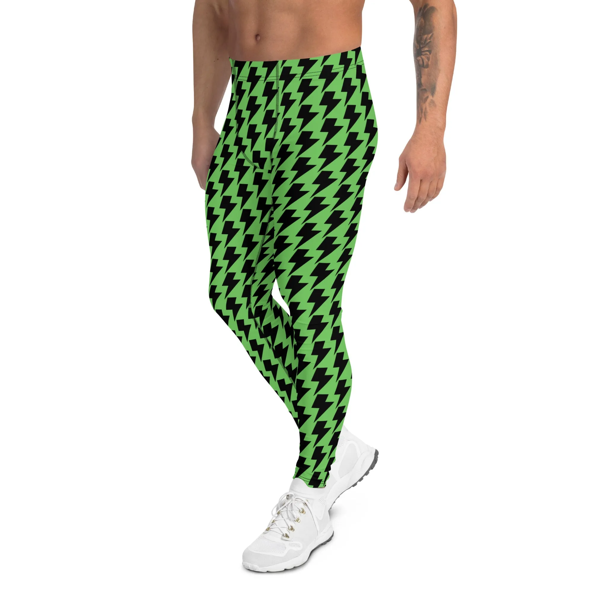 Green Lightning Sexy Men's Leggings, Lightning Pattern Abstract Designer Running Compression Tights For Men - Made in USA/EU/MX