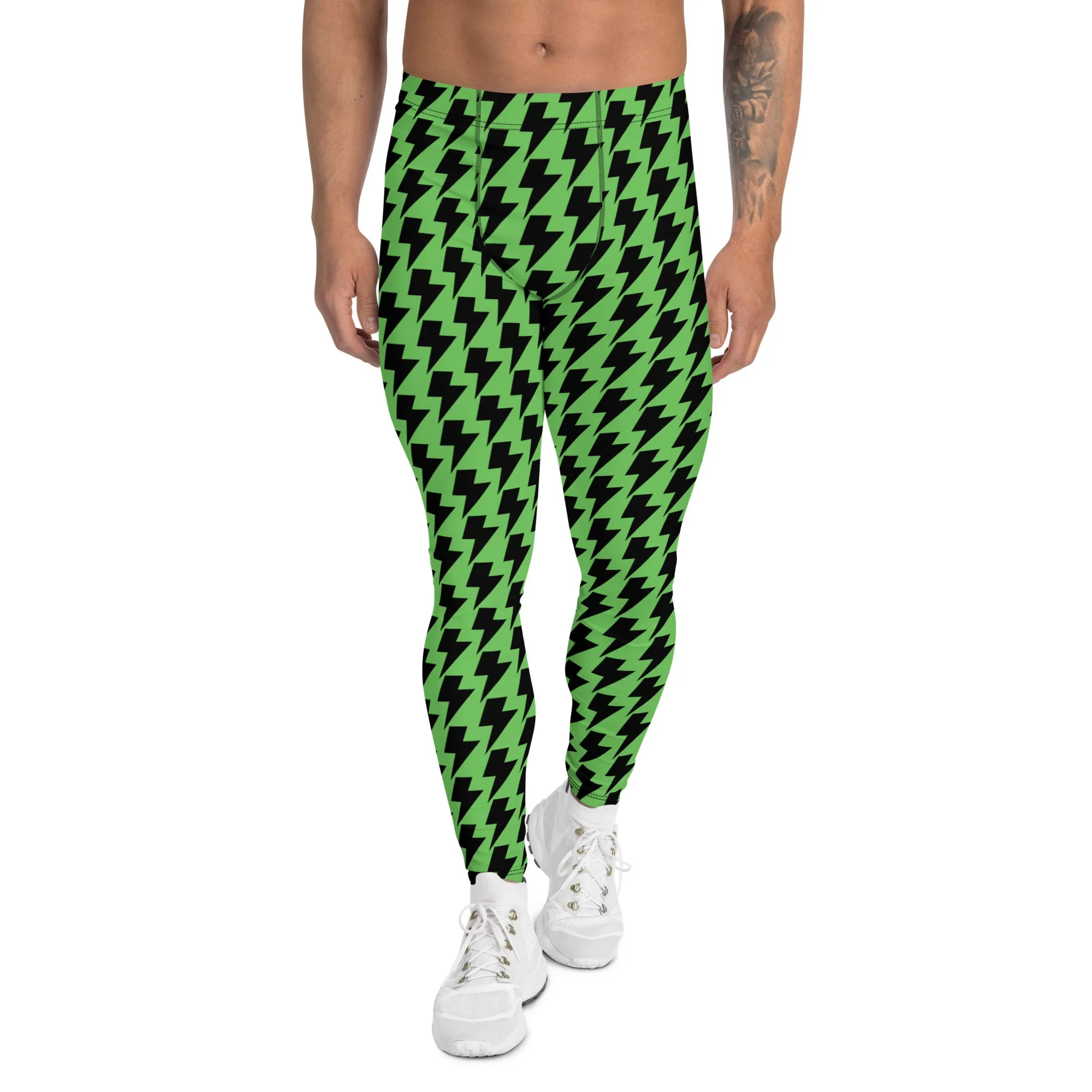 Green Lightning Sexy Men's Leggings, Lightning Pattern Abstract Designer Running Compression Tights For Men - Made in USA/EU/MX