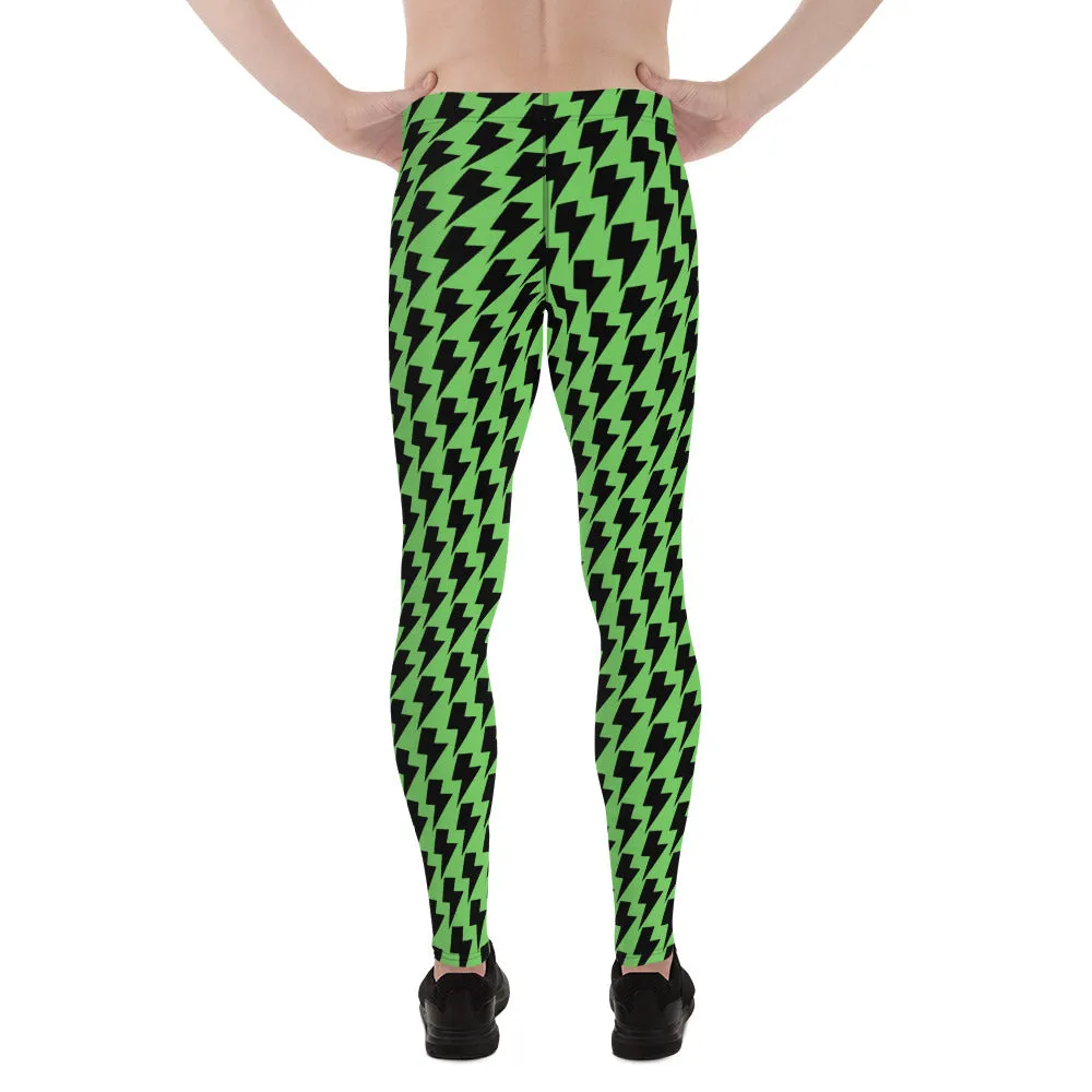 Green Lightning Sexy Men's Leggings, Lightning Pattern Abstract Designer Running Compression Tights For Men - Made in USA/EU/MX