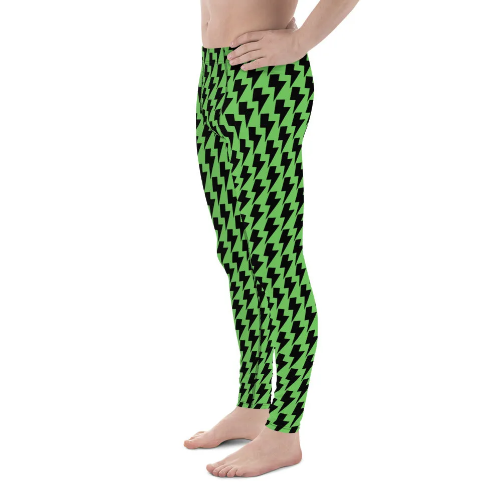 Green Lightning Sexy Men's Leggings, Lightning Pattern Abstract Designer Running Compression Tights For Men - Made in USA/EU/MX