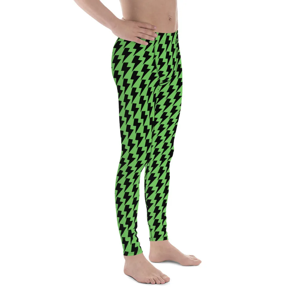 Green Lightning Sexy Men's Leggings, Lightning Pattern Abstract Designer Running Compression Tights For Men - Made in USA/EU/MX