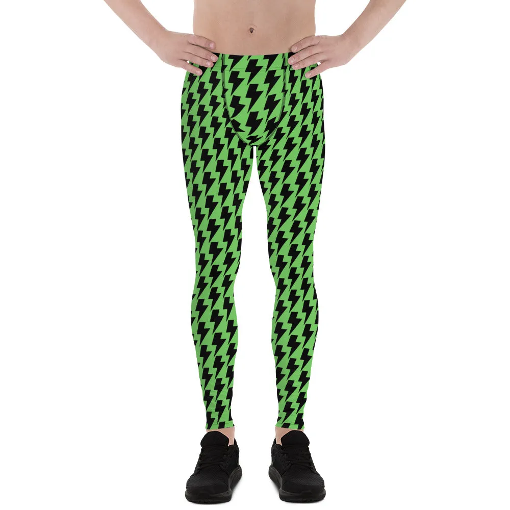 Green Lightning Sexy Men's Leggings, Lightning Pattern Abstract Designer Running Compression Tights For Men - Made in USA/EU/MX