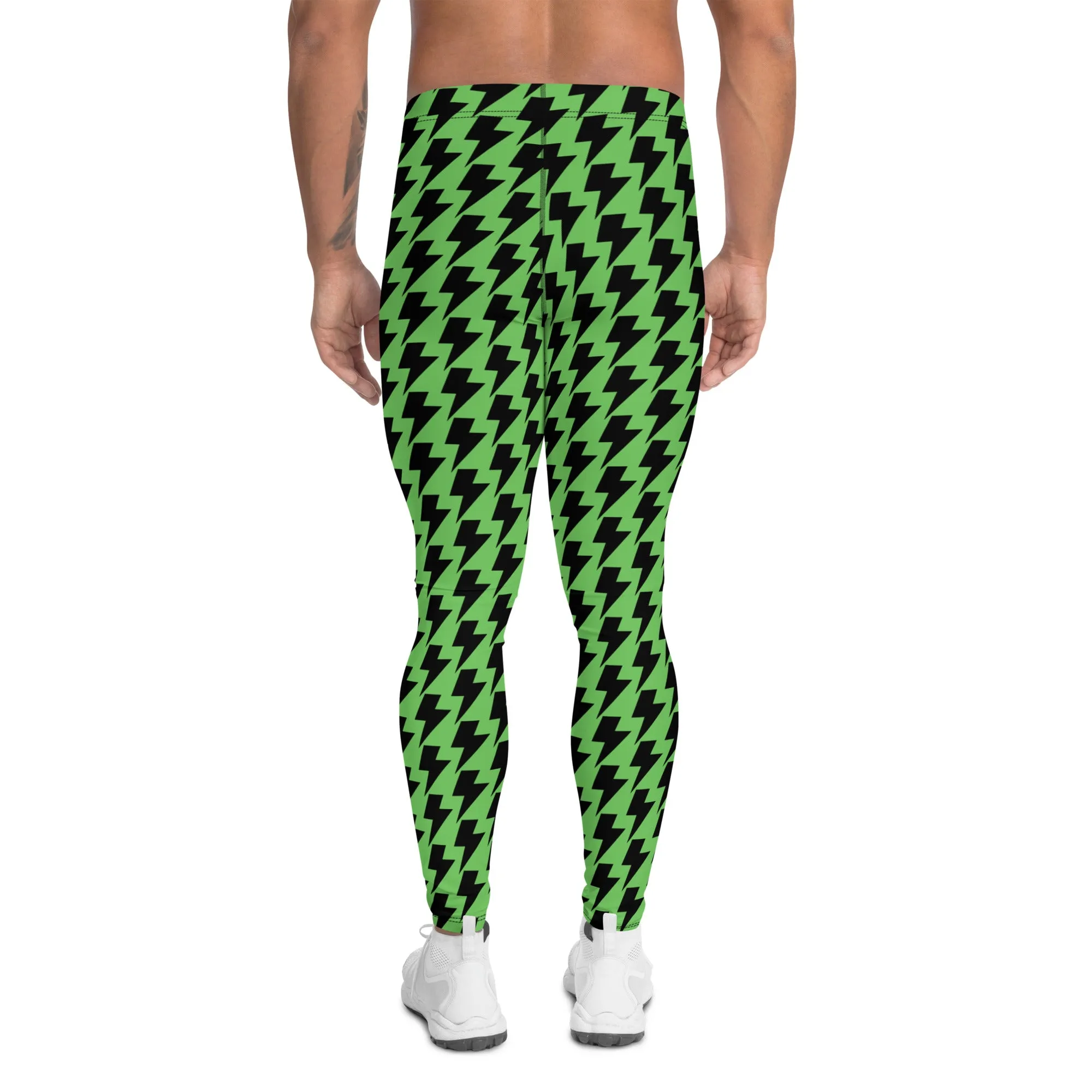 Green Lightning Sexy Men's Leggings, Lightning Pattern Abstract Designer Running Compression Tights For Men - Made in USA/EU/MX