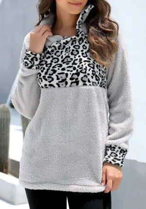 Grey Oblique Stand Collar Leopard Fleece Pullover