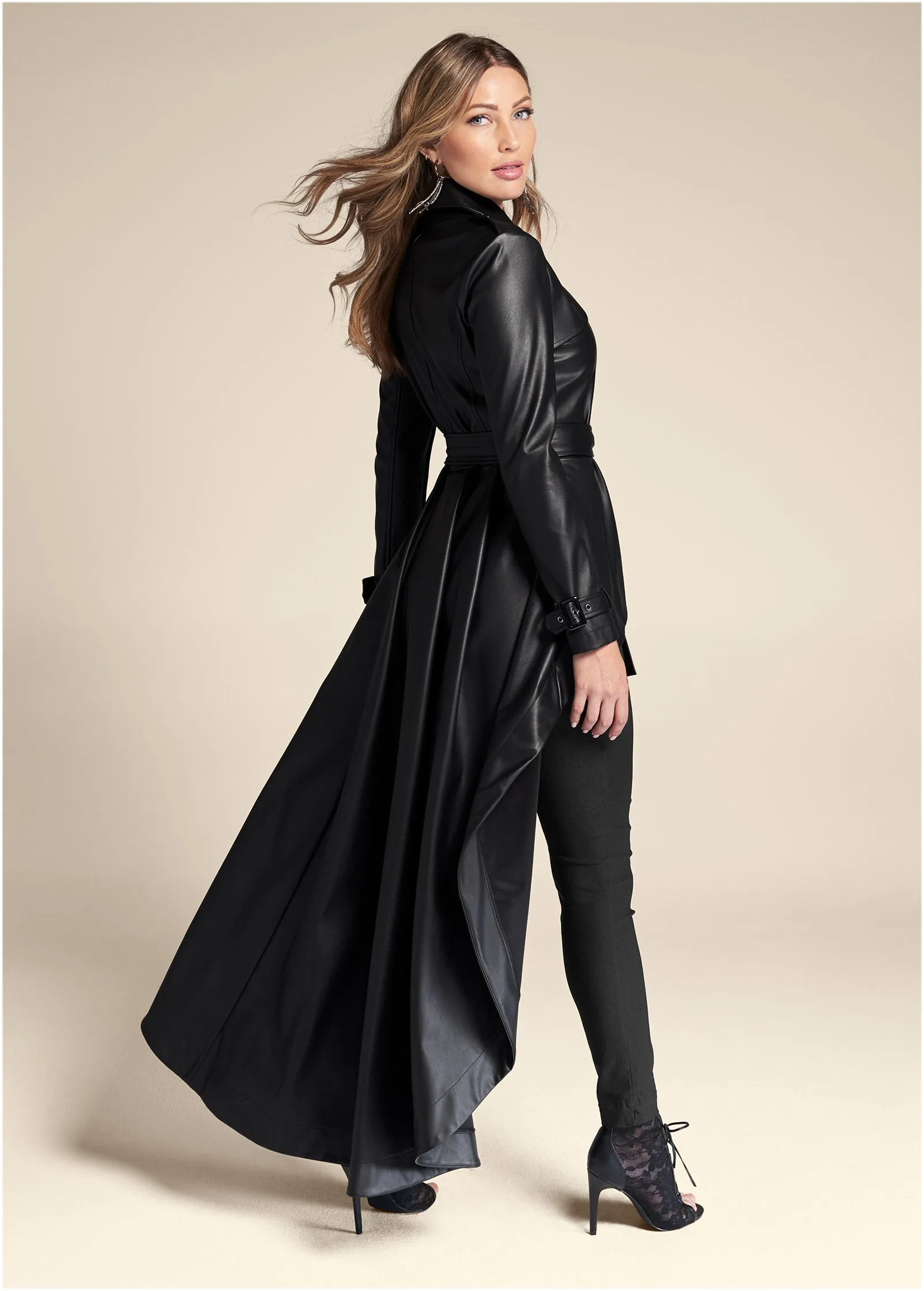 High-Low Faux-Leather Coat - Black