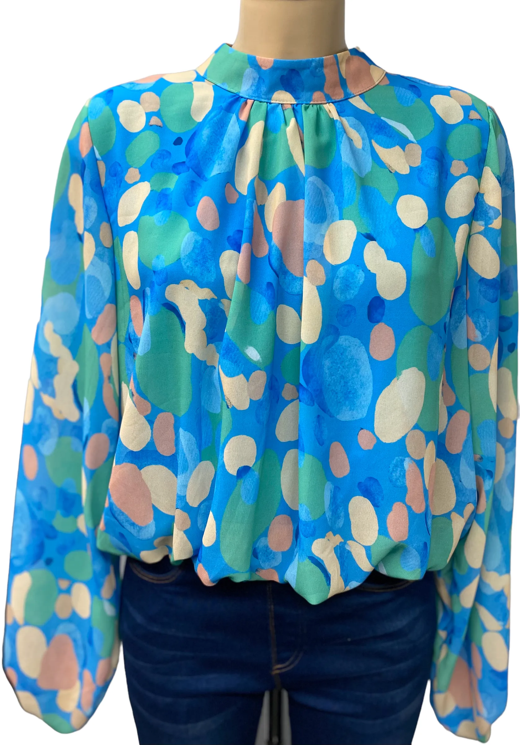 High Neck Bubble Hem Print Blouse (7 Colours and Prints)