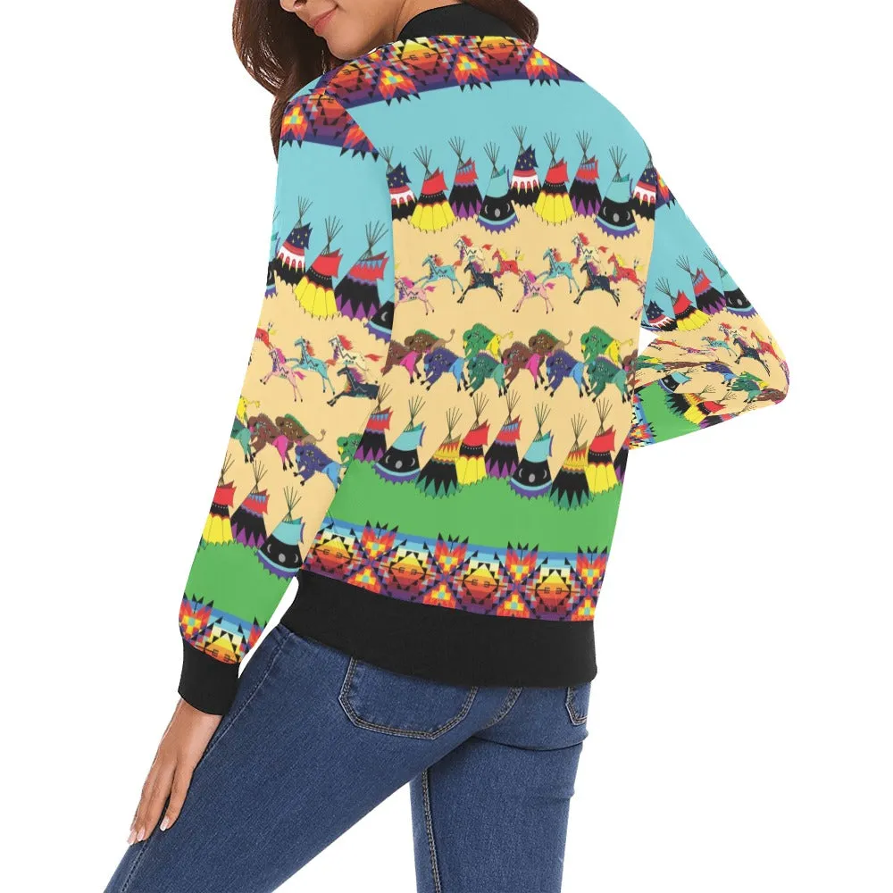 Horses and Buffalo Ledger Torquoise Bomber Jacket for Women