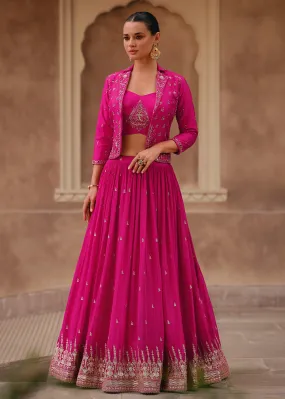 Hot Pink Chinnon Silk Embroidered Designer Lehenga Choli