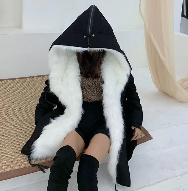 Huge White Faux Fur Hood Black Loose Coat