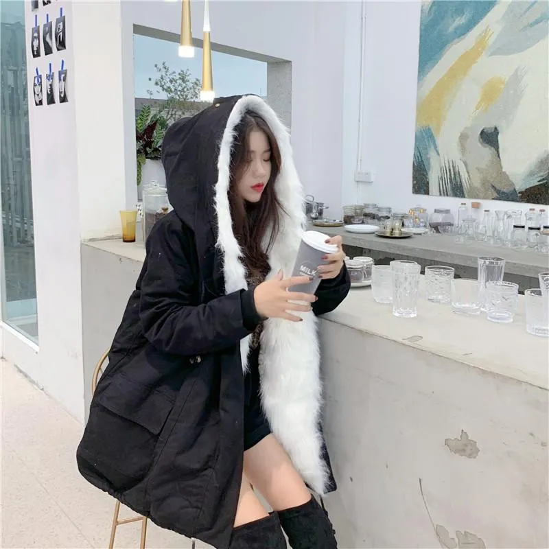 Huge White Faux Fur Hood Black Loose Coat