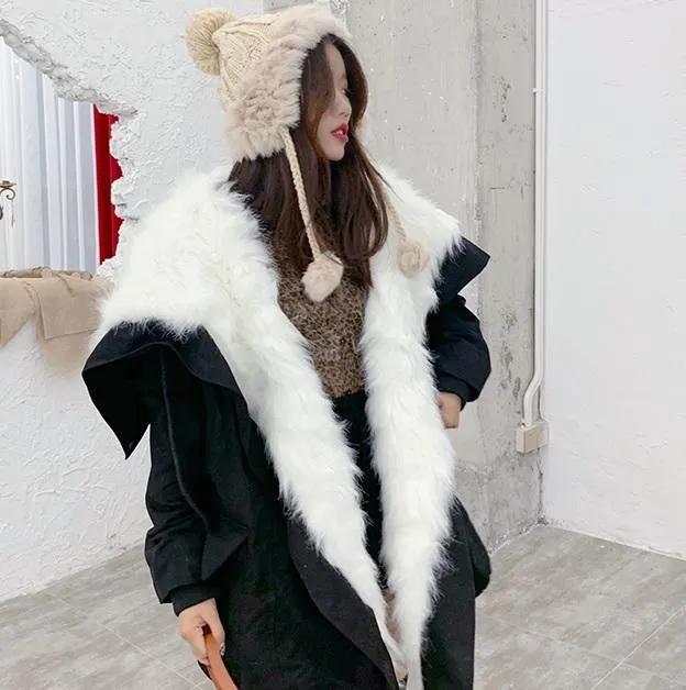 Huge White Faux Fur Hood Black Loose Coat