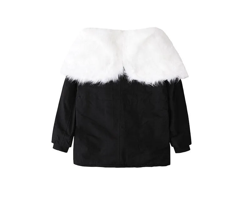 Huge White Faux Fur Hood Black Loose Coat