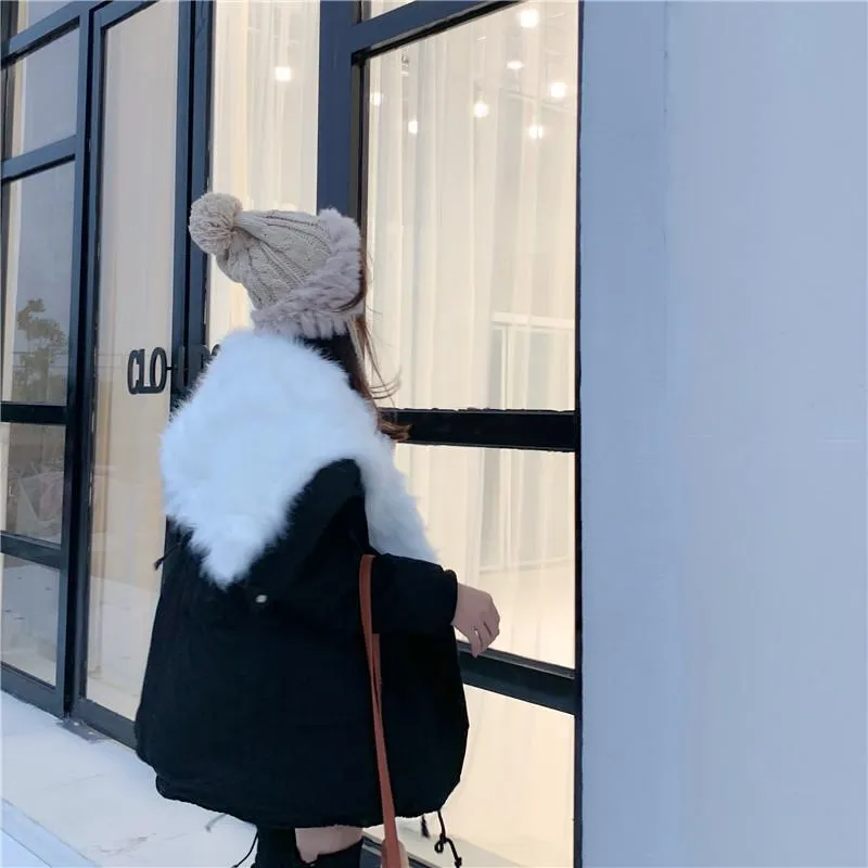 Huge White Faux Fur Hood Black Loose Coat