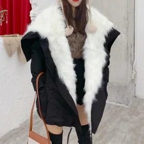 Huge White Faux Fur Hood Black Loose Coat