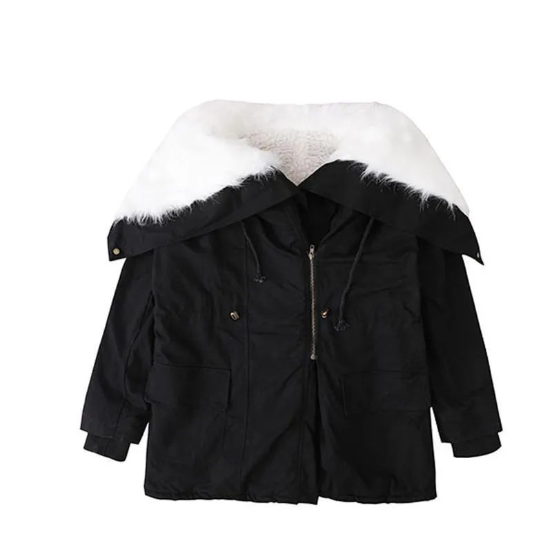 Huge White Faux Fur Hood Black Loose Coat