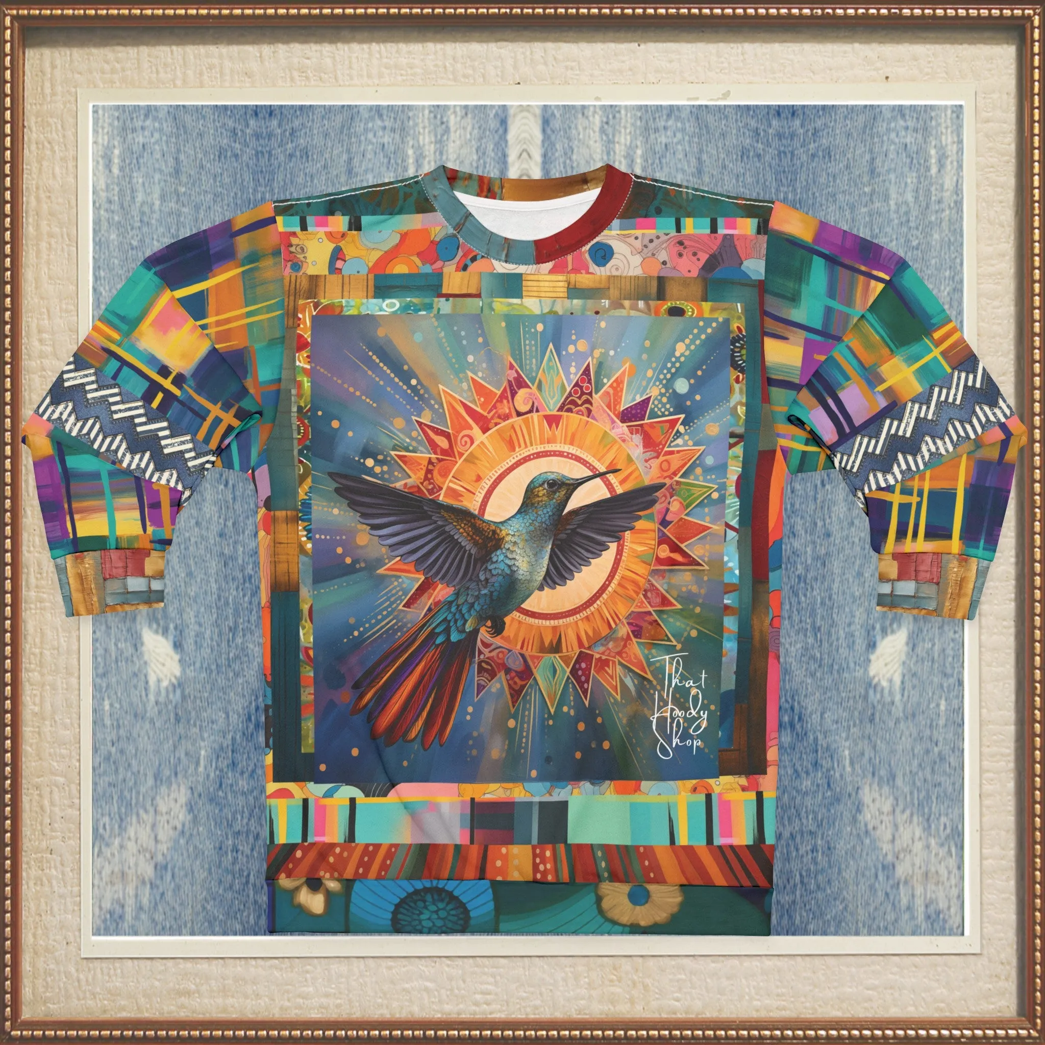 Hummingbird in Sunburst Skies Mid-Weight Polyester Unisex Sweatshirt (Gold Label)