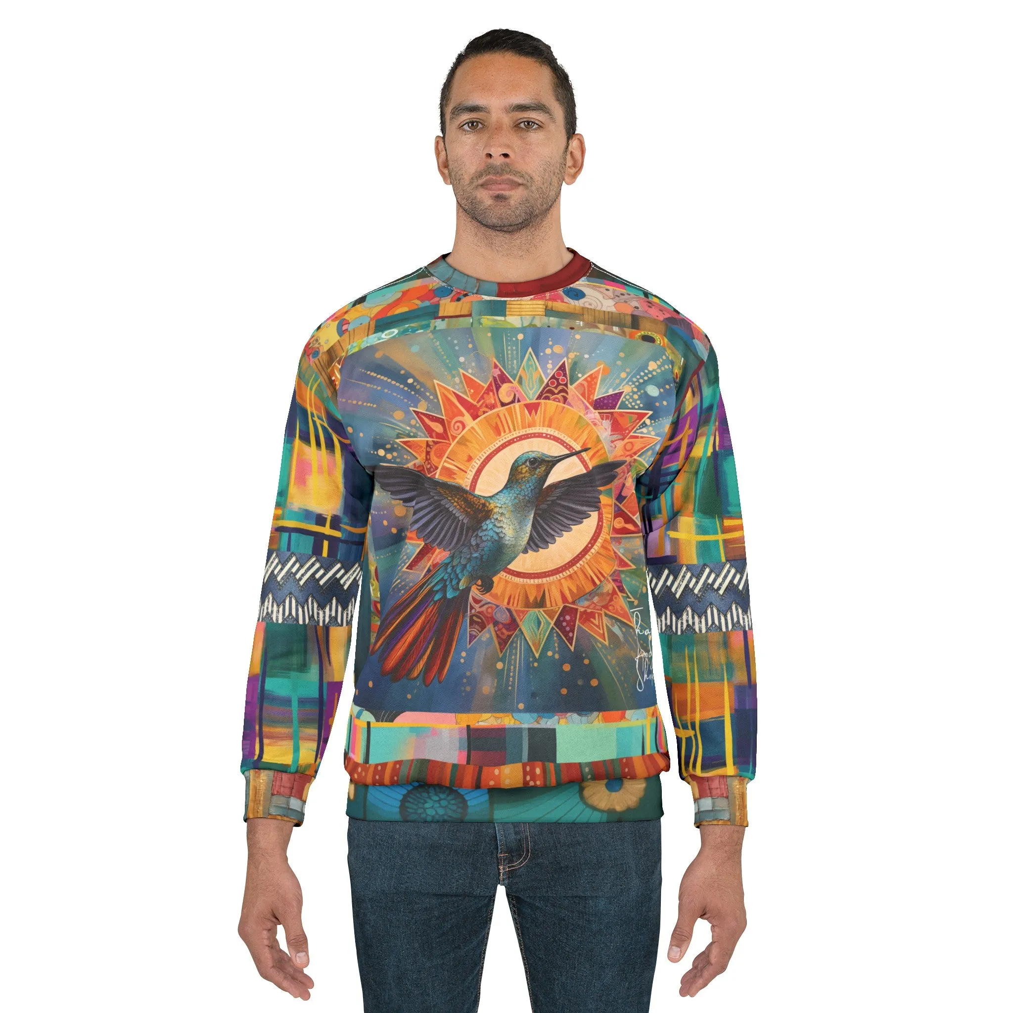 Hummingbird in Sunburst Skies Mid-Weight Polyester Unisex Sweatshirt (Gold Label)